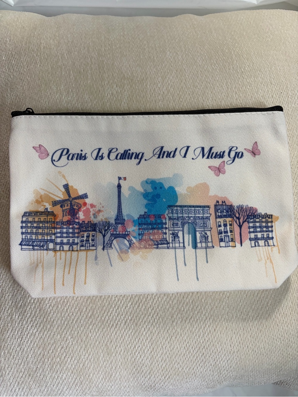Paris Is Calling Canvas Pouch — Cream with Blue and Pink Art